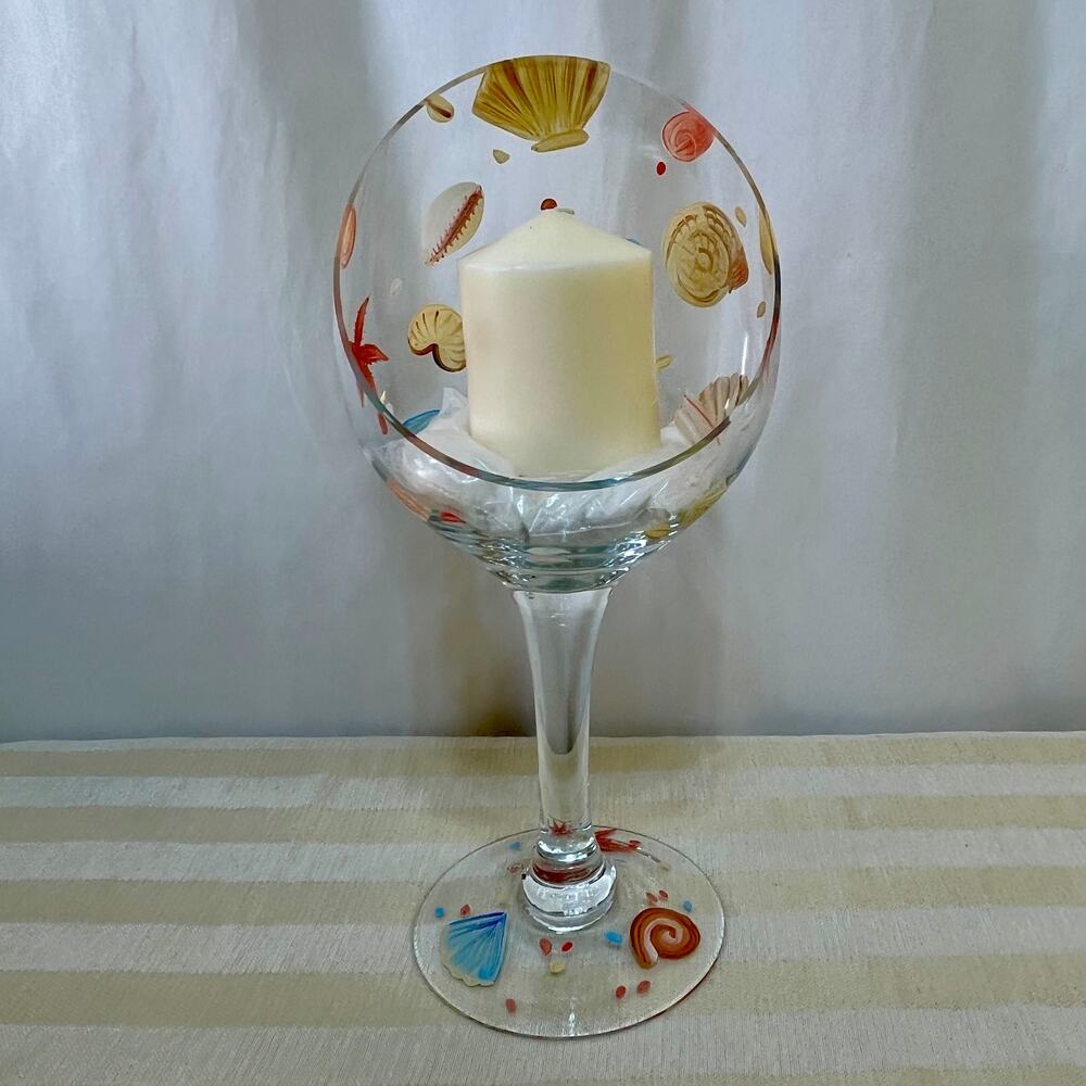 Painted Sea Shell Clear Glass Candleholder Votive Candle Rests on Sand Beach New